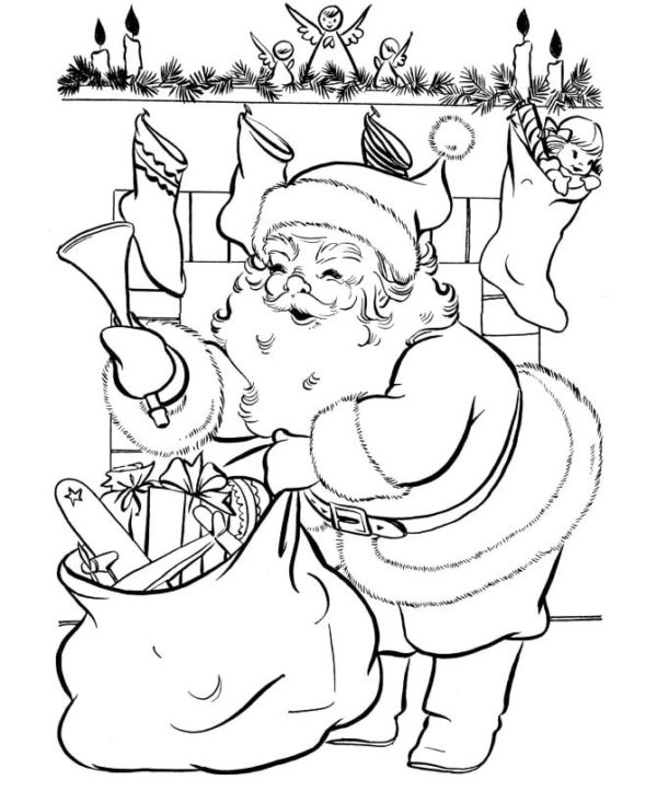 Zabawny Mikołaj dostarcza prezenty w noc Bożego Narodzenia kolorowanka do druku